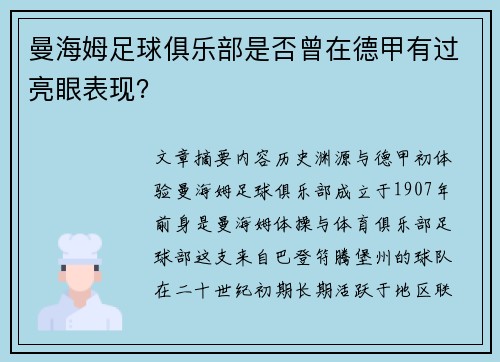 曼海姆足球俱乐部是否曾在德甲有过亮眼表现？